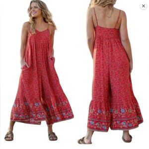 Natural Life Red Floral Pocket Wide Leg Bohemian Oversized Jumpsuit Size M